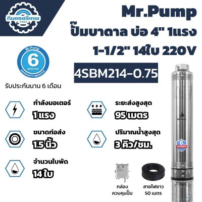 Mr.Pump ปั๊มบาดาล บ่อ 4" 1 แรง 1-1/2" 14 ใบพัด 4SBM214-0.75