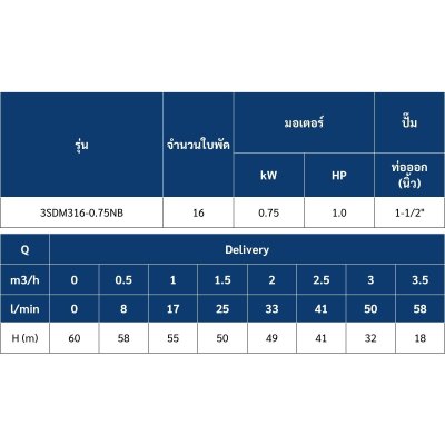 Mr.Pump ปั๊มบาดาล บ่อ 3" 1.0HP ท่อส่ง 1-1/2" 16ใบพัด 220V รุ่น 3SDM316-0.75NB