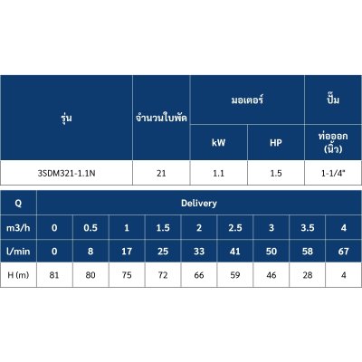 ปั๊มบาดาล MR.PUMP บ่อ 3" 1.5 แรง ท่อส่ง 1-1/4" 21 ใบพัด 220 V รุ่น 3SDM321-1.1N