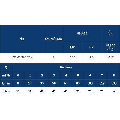ปั๊มบาดาล MR.PUMP บ่อ 4" 1.0 แรง ท่อส่ง 1-1/2" 8 ใบพัด 220 V รุ่น 4SDM508-0.75N
