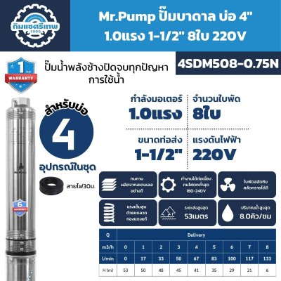 ปั๊มบาดาล Mr.Pump 4SDM508-0.75N 1HP 220V 8 ใบพัด ท่อส่ง 1-1/2 นิ้ว ส่งสูงสุด 53 เมตร