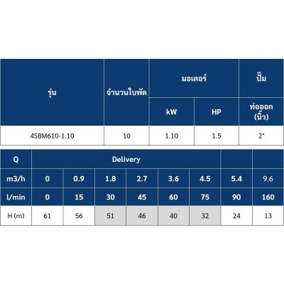ปั๊มบาดาล MR.PUMP บ่อ 4" 1.5 แรง ท่อส่ง 2" 10 ใบพัด 220 V รุ่น 4SBM610-1.10 (พร้อมกล่องคอนโทรล)