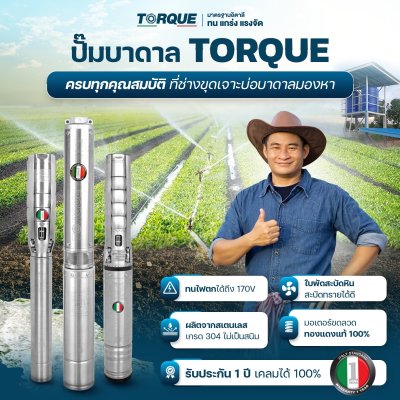 ปั๊มบาดาล TORQUE บ่อ 4" 7.5 แรง ท่อส่ง 2" 27 ใบพัด 380 V รุ่น TQ-SP-12BH27-4/T (ไม่รวมสายไฟ) ปั๊มบาดาล TORQUE บ่อ 4" 7.5 แรง ท่อส่ง 2" 27 ใบพัด 380 V รุ่น TQ-SP-12BH27-4/T (ไม่รวมสายไฟ)
