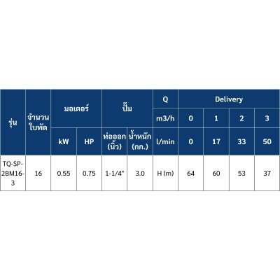 ซับเมอร์ส ปั๊มบาดาล TORQUE บ่อ 3" 0.75 แรง ท่อส่ง 1-1/4" 16 ใบพัด 220 V รุ่น TQ-SP-2BM16-3/S