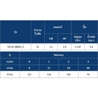 ซับเมอร์ส ปั๊มบาดาล TORQUE บ่อ 3" 1.5แรง ท่อส่ง 1-1/4" 31ใบพัด 220V รุ่น TQ-SP-2BM31-3/S