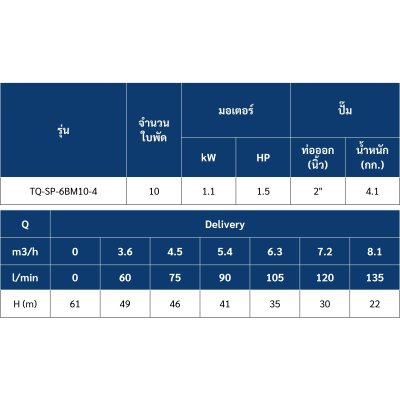 ปั๊มบาดาล TORQUE บ่อ 4" 1.5 แรง ท่อส่ง 2" 10 ใบพัด 220 V รุ่น TQ-SP-6BM10-4/S