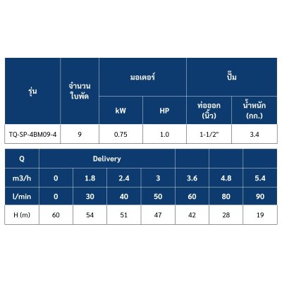 ปั๊มบาดาล TORQUE บ่อ 4" 1.0 แรง ท่อส่ง 1-1/2" 9 ใบพัด 220 V รุ่น TQ-SP-4BM09-4/S (ไม่รวมสายไฟ)