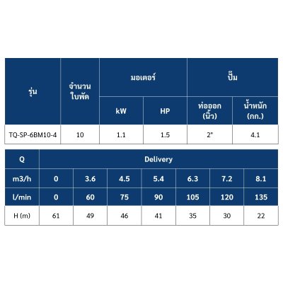 ปั๊มบาดาล TORQUE บ่อ 4" 1.5 แรง ท่อส่ง 2" 10 ใบพัด 380 V รุ่น TQ-SP-6BM10-4/T (ไม่รวมสายไฟ)