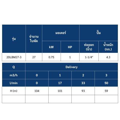 ปั๊มบาดาล TORQUE บ่อ 3" 1.0 แรง ท่อส่ง 1-1/4" 27 ใบพัด 220 V รุ่น 2DLBM27-3/S (ไม่รวมสายไฟ)