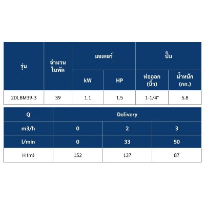 ปั๊มบาดาล TORQUE บ่อ 3" 1.5 แรง ท่อส่ง 1-1/4" 39 ใบพัด 220 V รุ่น 2DLBM39-3/S (ไม่รวมสายไฟ)