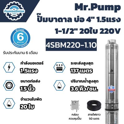 Mr.Pump ปั๊มบาดาล บ่อ 4" 1.5 แรง 1-1/2" 20 ใบพัด 4SBM220-1.10