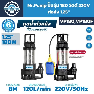 ปั๊มจุ่ม Mr.Pump VP180 และ VP180F 180W 220V ท่อ 1.25 นิ้ว สูบน้ำสูงสุด 120 L/min