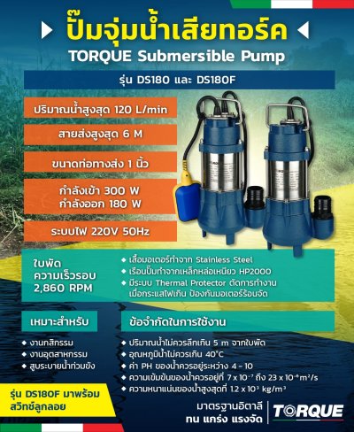 ปั๊มจุ่มน้ำเสีย TORQUE ขนาด 1 นิ้ว 180 วัตต์ รุ่น DS180