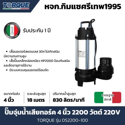 ปั๊มจุ่มน้ำเสีย TORQUE ขนาด 4 นิ้ว 220 วัตต์ รุ่น DS2200-100