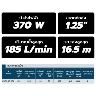 TORQUE ปั๊มจุ่ม ปั๊มแช่ ไดโว่  ขนาด 370 วัตต์ ท่อส่ง 1.25" รุ่น HMD3-15-370 มาพร้อมชุดปลั๊กกันไฟดูด