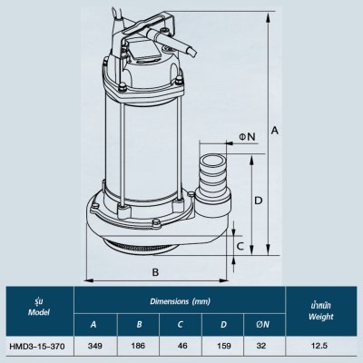 TORQUE ปั๊มจุ่ม ปั๊มแช่ ไดโว่  ขนาด 370 วัตต์ ท่อส่ง 1.25" รุ่น HMD3-15-370 มาพร้อมชุดปลั๊กกันไฟดูด