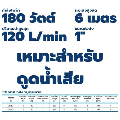 TORQUE ปั๊มจุ่ม  ปั๊มแช่ ไดโว่ ขนาด 180 วัตต์ ท่อส่ง 1" รุ่น DS180 สำหรับดูดน้ำเสีย