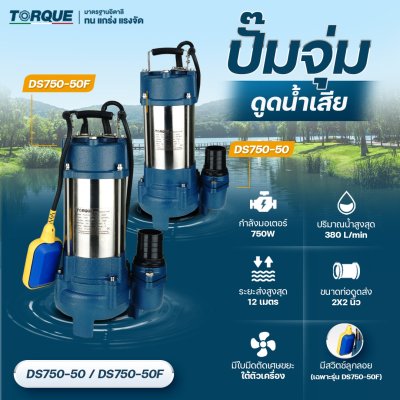 ปั๊มจุ่ม 750 วัตต์ ท่อส่ง 2 นิ้ว TORQUE รุ่น DS750-50, DS750-50F (พร้อมสวิตช์ลูกลอย) | สำหรับสูบน้ำเสียและน้ำสะอาด ปั๊มจุ่ม 750 วัตต์ ท่อส่ง 2 นิ้ว TORQUE รุ่น DS750-50, DS750-50F (พร้อมสวิตช์ลูกลอย) | สำหรับสูบน้ำเสียและน้ำสะอาด