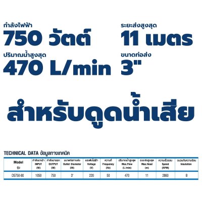 TORQUE ปั๊มจุ่ม ปั๊มแช่ ไดโว่ ขนาด 750 วัตต์ ท่อส่ง 3" รุ่น DS750-80 สำหรับดูดน้ำเสีย