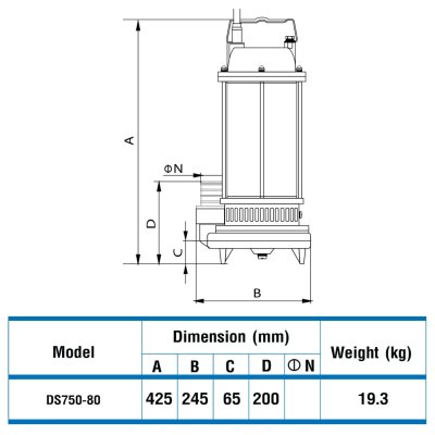 ปั๊มจุ่ม 750 วัตต์ ท่อส่ง 3" TORQUE รุ่น DS750-80 ปั๊มจุ่ม 750 วัตต์ ท่อส่ง 3" TORQUE รุ่น DS750-80