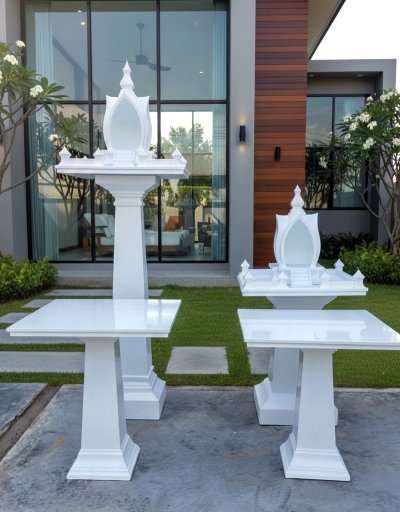 ศาลพระภูมิทรงโมเดิร์นสีขาว ขนาดกะทัดรัด ติดตั้งหน้าบ้าน