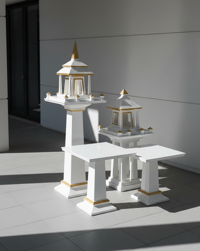 การจัดวางชุดศาลพระภูมิโมเดิร์น สีครีมเบจตัดทอง ขนาดใหญ่ บริเวณระเบียงในร่มหรือหน้าอาคารยุคใหม่ แสงเงาสวยงาม