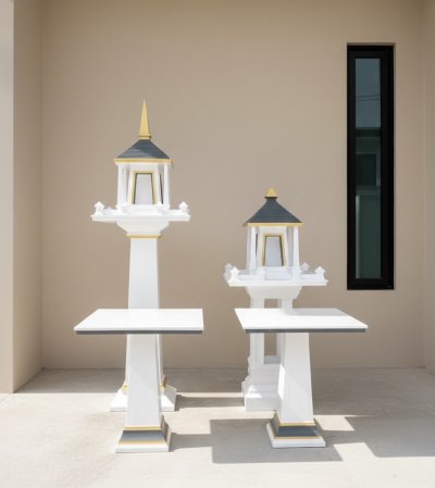 ภาพหน้าตรงชุดศาลพระภูมิโมเดิร์น ขนาดกลาง สีขาวตัดเทา ตั้งเสริมสิริมงคลเข้ากับผนังบ้านสไตล์มินิมอลยุคใหม่ ผลงานร้านศาลพระภูมิดอนคลัง