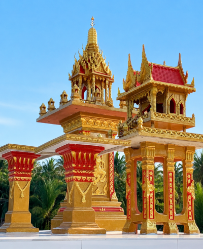 ศาลพระภูมิทรงไทย รุ่น L2 ศาลมังกร สีเกล็ดทองตัดแดง พร้อมศาลเจ้าที่ยกพื้น เสาเทวดา