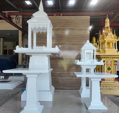 ชุดศาลพระพรหมและศาลตายาย 9 นิ้ว มุมหน้าตรงแบบเต็มชุด สไตล์สถาปัตยกรรมร่วมสมัย วัสดุคอนกรีตเสริมเหล็ก สีขาว