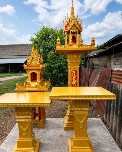 ศาลพระภูมิทรงไทย รุ่น S3 สีเกล็ดทองตัดแดง พร้อมศาลเจ้าที่เกล็ดปลา 2 ชั้น เสามังกร