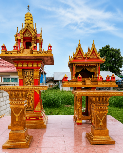 ศาลพระภูมิทรงไทย รุ่น XL1 ศาลลพบุรีกลาง สีเกล็ดทองตัดแดง พร้อมศาลเจ้าที่แฝดใหญ่