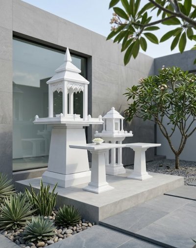 ชุดศาลพระพรหม 9 นิ้ว ภาพติดตั้งจริงภายนอกอาคารตกแต่งภูมิทัศน์ สไตล์โมเดิร์นลักชูรี่ วัสดุคอนกรีตเสริมเหล็ก สีขาวทนทาน