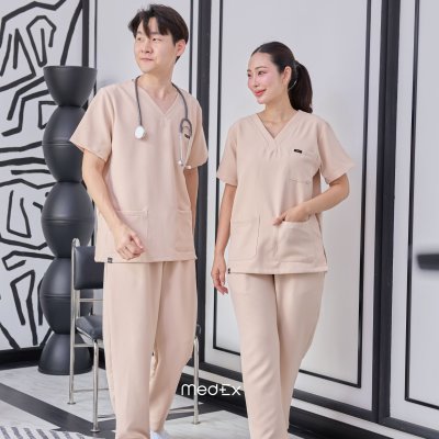 ชุดสครับ เสื้อ+กางเกง สีCream รุ่นCloud Wear