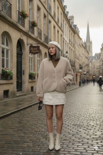 เสื้อโค้ทสั้นผ้าขนสัตว์ สีครีม ขนาด Free Size ผ้าขนสัตว์ สีครีม ขนาด Free Size