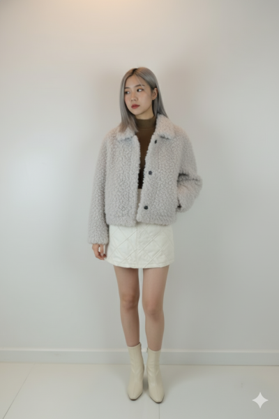 เสื้อโค้ทสั้นผ้าขนสัตว์ สีเทา ขนาด Free Size ผ้าขนสัตว์ สีเทา ขนาด Free Size