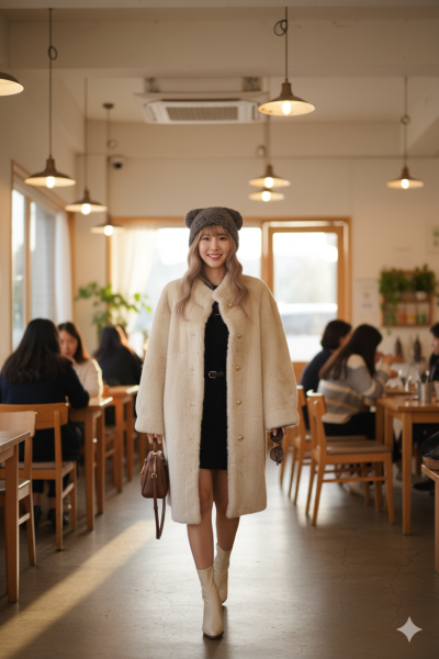 เสื้อโค้ทยาวผ้าขนแกะ สีครีม ขนาด Free Sizeผ้าขนแกะ สีครีม ขนาด Free Size