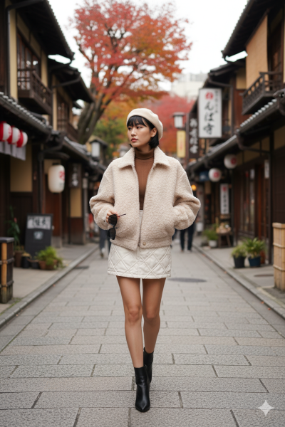 เสื้อโค้ทสั้นผ้าขนสัตว์ สีครีม ขนาด Free Size ผ้าขนสัตว์ สีครีม ขนาด Free Size