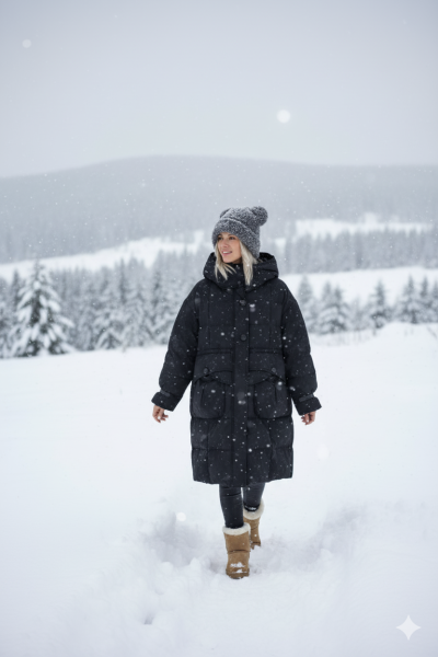 เสื้อโค้ทยาวขนเป็ด,โพลีนวม สีดำขนเป็ด,โพลีนวม สีดำ