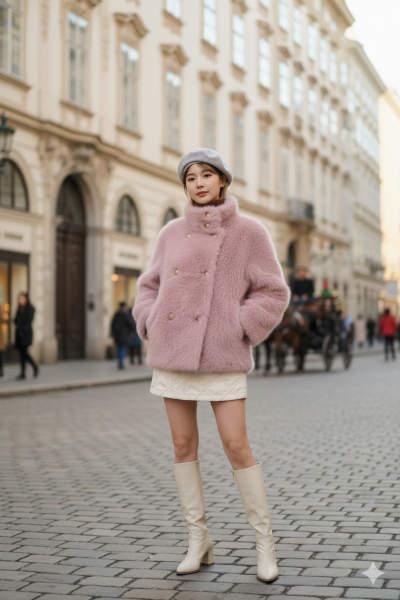 เสื้อโค้ทสั้นผ้าขนสัตว์ สีชมพู ขนาด Sผ้าขนสัตว์ สีชมพู ขนาด S