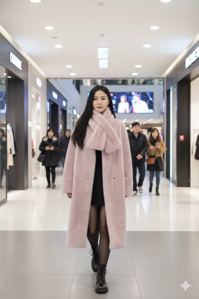 เสื้อโค้ทยาวผ้าขนสัตว์ สีชมพู ขนาด Free Size ผ้าขนสัตว์ สีชมพู ขนาด Free Size