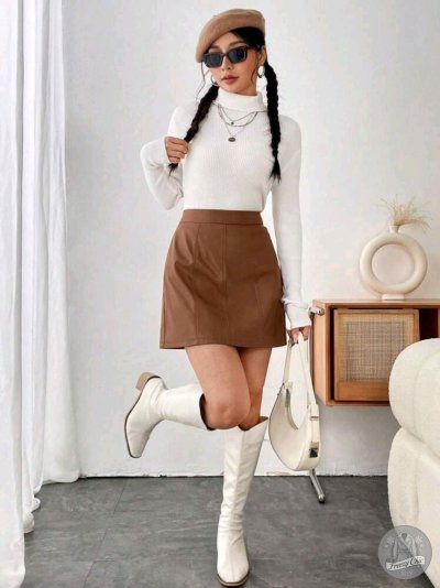 เช่าเสื้อโค้ท Freezy Chic Coat กระโปรง-0264kLBW หนัง สีน้ำตาล รุ่น 0264kLBWS