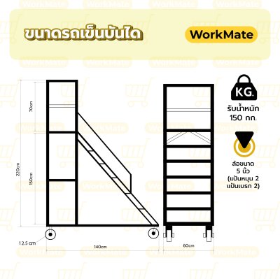 รถเข็นบันไดสูง1.5เมตร บันไดติดล้อ บันไดเหล็ก บันไดเติมสินค้า รุ่นมาตรฐาน Workmate พร้อมส่ง