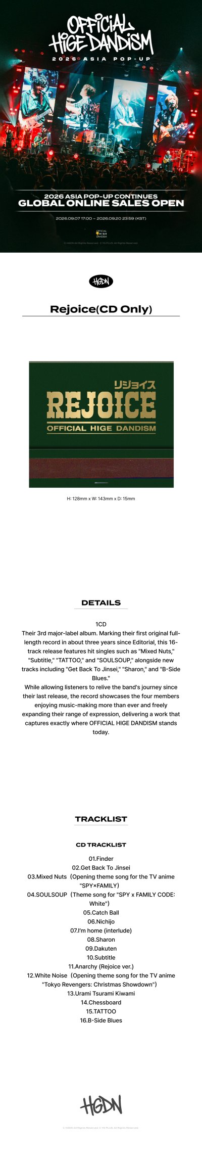 [OFFICIAL HIGE DANDISM 2026 ASIA POP-UP] "Rejoice" (CD Only)