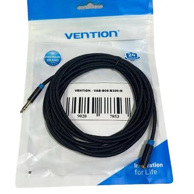 VENTION VAB-B06-B300-M - cotton braided 3,5mm audio extension cable @3mtr black metal
