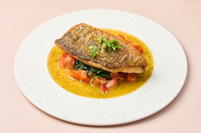 Seabass Steak, Tomato Salsa  and Seafood Sauce