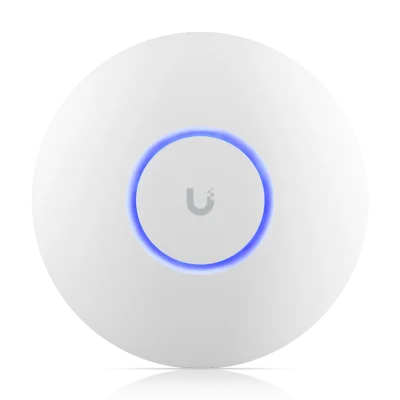 Ubiquiti UniFi U6-PLUS Access Point WiFi 6 สีขาว มุมมองด้านหน้า พร้อมวงแหวนไฟ LED สีน้ำเงิน