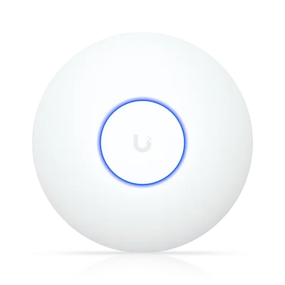 Ubiquiti UniFi U7 Lite (U7-Lite) Access Point WiFi 7 สีขาว มุมมองด้านหน้า พร้อมวงแหวนไฟ LED สีน้ำเงิน