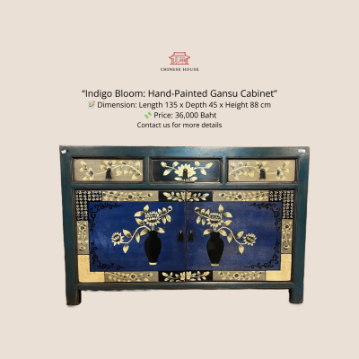 Indigo Bloom: Hand-Painted Gansu Cabinet