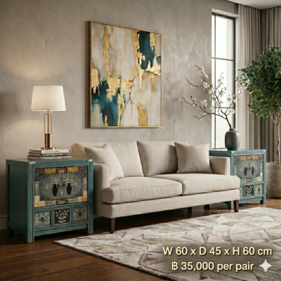 Masterfully Reproduced Floral Teal Cabinets, Ming-Inspired