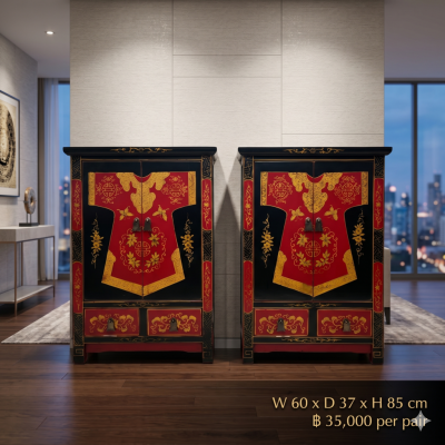 Vibrant Hand-Painted Twin Cabinets, Traditional Style